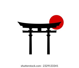 Vector illustration of Japanese torii gate logo vintage design in flat style on white background.