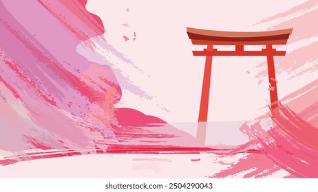 Vector illustration of a Japanese torii gate, with a pink and red color palette, minimalistic brushstrokes, simple shapes, and a pink gradient background. Vector Illustration.