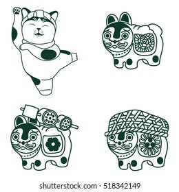 Vector illustration Japanese toy dog and cat. Traditional Japanese symbol Inu hariko and Maneki neko. Advertisements, signs, stickers, web banners, signage. Isolated on a white background.