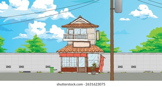 Vector illustration of Japanese traditional city street store. .Facade of shop with blank sign board. Cartoon and hand drawn style design.