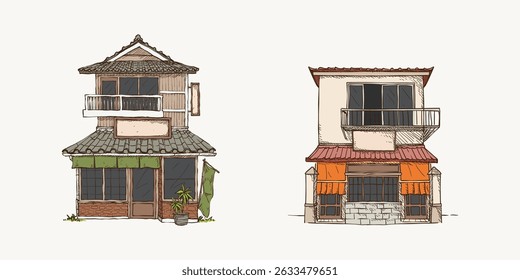 Vector illustration of Japanese traditional city street store front or shop facade with blank sign board