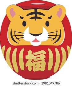 Vector illustration of Japanese traditional daruma doll using as a motif of tiger. The Chinese character depicted in center of daruma doll means "happiness".