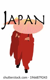 Vector illustration of Japanese traditional geisha with umbrella. Black Inscription of Japan. Japanese symbols. Red silhouette of a Japanese geisha. Asian illustration.