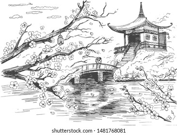 Vector Illustration Of Japanese Traditional Landscape. Sakura Cherry In Blossom, Pagoda House, Bridge Across River. Panoramic Natural Scene. Vintage Hand Drawn Style.