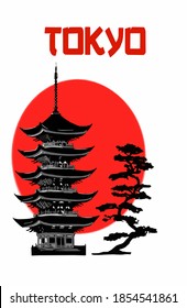 Vector illustration of  Japanese traditional Minka on a red sun. Inscription of Tokyo. Japanese symbols. Traditional Japanese house. Red Inscription of Tokyo.