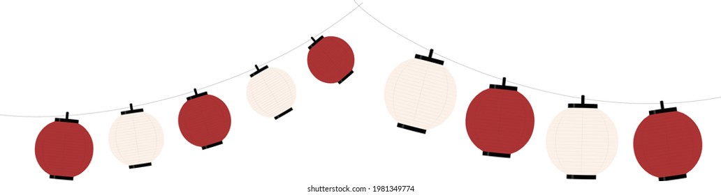 Vector illustration of Japanese traditional simple lanterns garland. red and white.