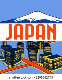 Vector illustration of Japanese view. Asian illustration. Red inscription of Japan. Guide on Japan. Japanese symbols. 