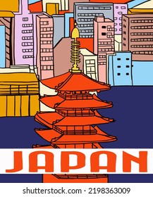 Vector illustration of Japanese view. Asian illustration. Red inscription of Japan. Guide on Japan. Japanese symbols. 