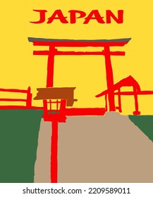 Vector illustration of Japanese view. Asian illustration of Japanese gate. Red inscription of Japan. Guide on Japan. Japanese symbols. 