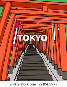 Vector illustration of Japanese view. Asian illustration of Japanese gate. Black inscription of Tokyo. Guide on Japan. Japanese symbols. 