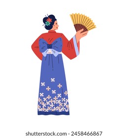 Vector illustration of a Japanese woman with a fan in her hands, a view from the back with a traditional kimono decorated with a bow and a pattern of flowers