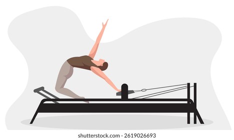 vector illustration of Japanese woman pilates with Reformer