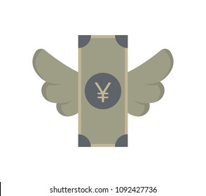 Vector illustration of Japanese Yen Currency Banknote Bill with Wings. Flying Money Concept.