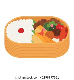 Ilustración vectorial de una caja de bento al estilo japonés. Esta ilustración muestra una tortilla de huevo, pollo frito y salchichas, que a menudo se incluyen como guarniciones. Esta caja de bento está hecha de madera de cedro.