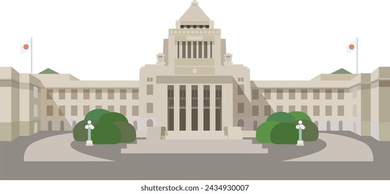 Vector illustration of Japan's National Diet Building and Diet Front Courtyard