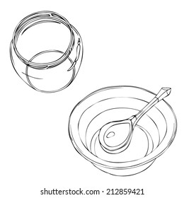 Vector illustration of jar and basin with spoon. Empty glass can and plate for cooking, packaging, storing. Black contour on a white background
