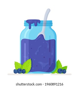 Vector illustration of a jar of blueberry jam.  A traditional dessert. a low-growing shrub, a species of the genus Vaccinium of the Verescae family. The berries are edible to humans.