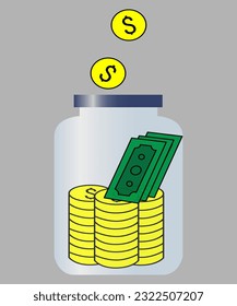 Vector illustration of a jar with cash inside it. Made illustration isolated on white background and in flat style