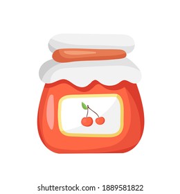 Ilustración vectorial de una jarra de cerezo en forma de caricatura. Confitura casera enlatada. Cute Delicious Berry Marmalade.Dulce Comida para el Diseño,Web,Gráfico.Aislado sobre fondo blanco.