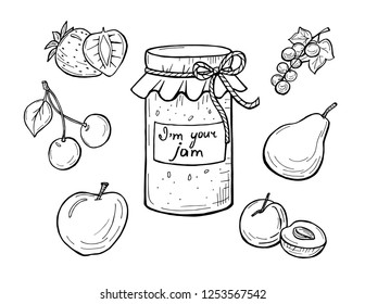 Vector illustration of a jar with cloth and rope. Label I’m your jam. Cherry, pear, apricot, strawberry, currant. Home kitchen delicious sweet fruit grandma conserve. Hand drawn outline sketch.