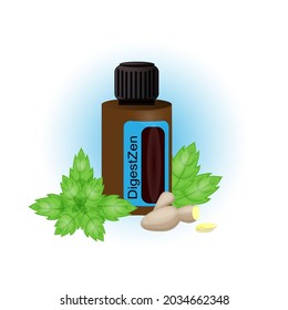 Vector illustration of jar of essential oil blend Digest Zen