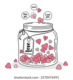 Vector illustration of a jar filled with hearts. Hearts flying out of the jar. Illustration for Valentine's Day.