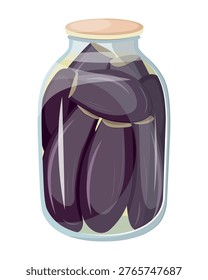 Vector illustration of a jar filled with pickled eggplants, featuring a glass jar. The scene captures preserved food in a container.