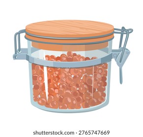 Vector illustration of a jar filled with red caviar, featuring a glass jar with a wire-clasp lid. The scene captures preserved food in a container.