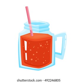 Vector illustration of jar with fresh red smoothie and straw isolated on white. Glass mug with juice, smoothie or lemonade used for magazine, book, poster, card, menu cover, web pages.