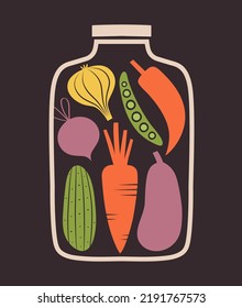 Vector illustration of jar with fresh vegetables. Clip art with chili, garlic, beet, radish, cucumber, carrot, pea in flat style for vegetarian cafe, restaurant menu. Vegan concept.