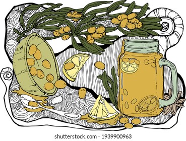 vector illustration jar with a handle with Sea Buckthorn tea,lemon wedges,wooden cup with berries,dessert spoon,branch with sea buckthorn berries and leaves,doddle