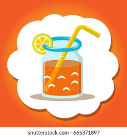 Vector illustration of jar with handmade orange cocktail and straw. Colorful flat design. Isolated elements. 