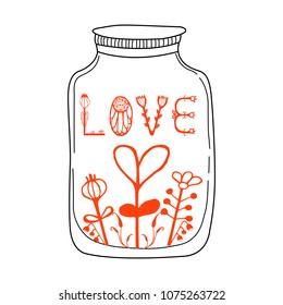 Vector illustration with jar, hearts and lettering words - love. Cute and romantic background with text. Vintage love concept typography poster, print design, greeting card.