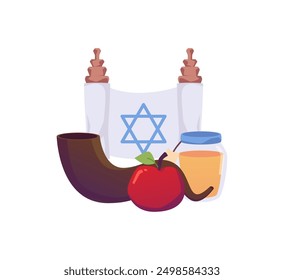 Vektorgrafik mit einem Glas Honig, einem Apfel, einem Horn und einer Schriftrolle mit dem Davidstern. Traditionelle Elemente, die den jüdischen Feiertag Jom Kippur darstellen. Flacher Stil auf isoliertem Hintergrund.