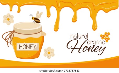 Vector Illustration mit Glas Honig, Biene, Blume und Wabe. Muster für Banner, Website, Merkblatt