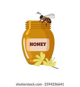 A vector illustration of a jar of honey with a golden liquid, a detailed label, and a bee perched on the lid, complemented by flowers, isolated on a white background.