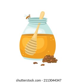 Vector illustration of a jar of honey and pieces of propolis. Biologically active additive.