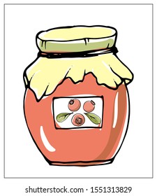 Vector illustration with jar of jam. Isolated object on a white background. Multicolored hand drawn illustration.