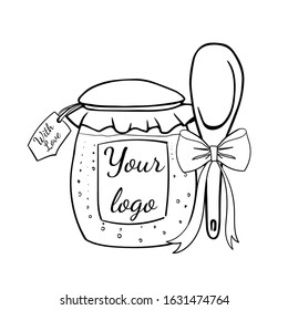 Vector illustration of jar of jam with the label and the inscription "with love" and the spoon with bow. Ready logo concept. Hand drawn illustration cartoon flat line art icon isolated on white backgr
