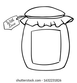 Vector illustration of a jar of jam with the label and the inscription "with love". Hand drawn illustration cartoon flat line art icon isolated on white background.