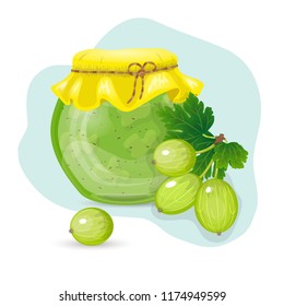 Vector illustration of a jar of jam made of gooseberry and ripe gooseberry with leaves