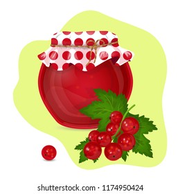 Vector illustration of a jar of jam made of red currants and ripe red currants with leaves. Red currants jam