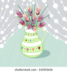 Vector illustration of the jar with lavender flowers on the blue background