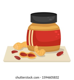 Vector illustration with a jar of peanut paste and peanuts near it.