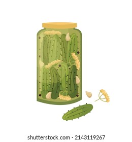 Vector illustration of a jar of pickled cucumbers. Preparations for the winter.