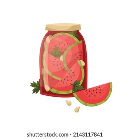 Vector illustration of a jar with pickled watermelon. Preparations for the winter.