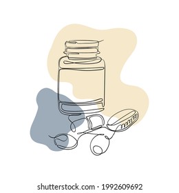Vektorgrafik eines Glases mit gleich gezogenen Pillen oder Vitaminen. Behandlung des Boho-Konzepts, Nahrungsergänzungsmittel, Vitamine oder Pillen