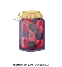 Vector illustration of a jar of plum jam. Preparations for the winter.
