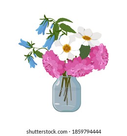 Vector illustration with a jar and realistic garden flowers on an isolated white background. Template for greeting cards, web design.