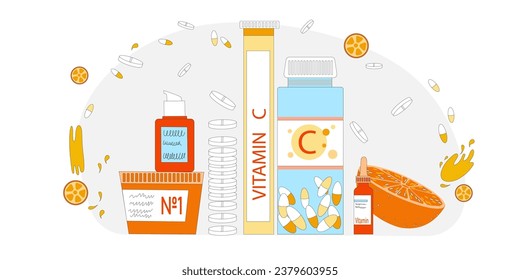 Ilustración vectorial de jarras, conos, cápsulas, comprimidos y vitaminas, agrega. Vitamina C en comprimidos frascos y cápsulas sobre un fondo blanco aislado
